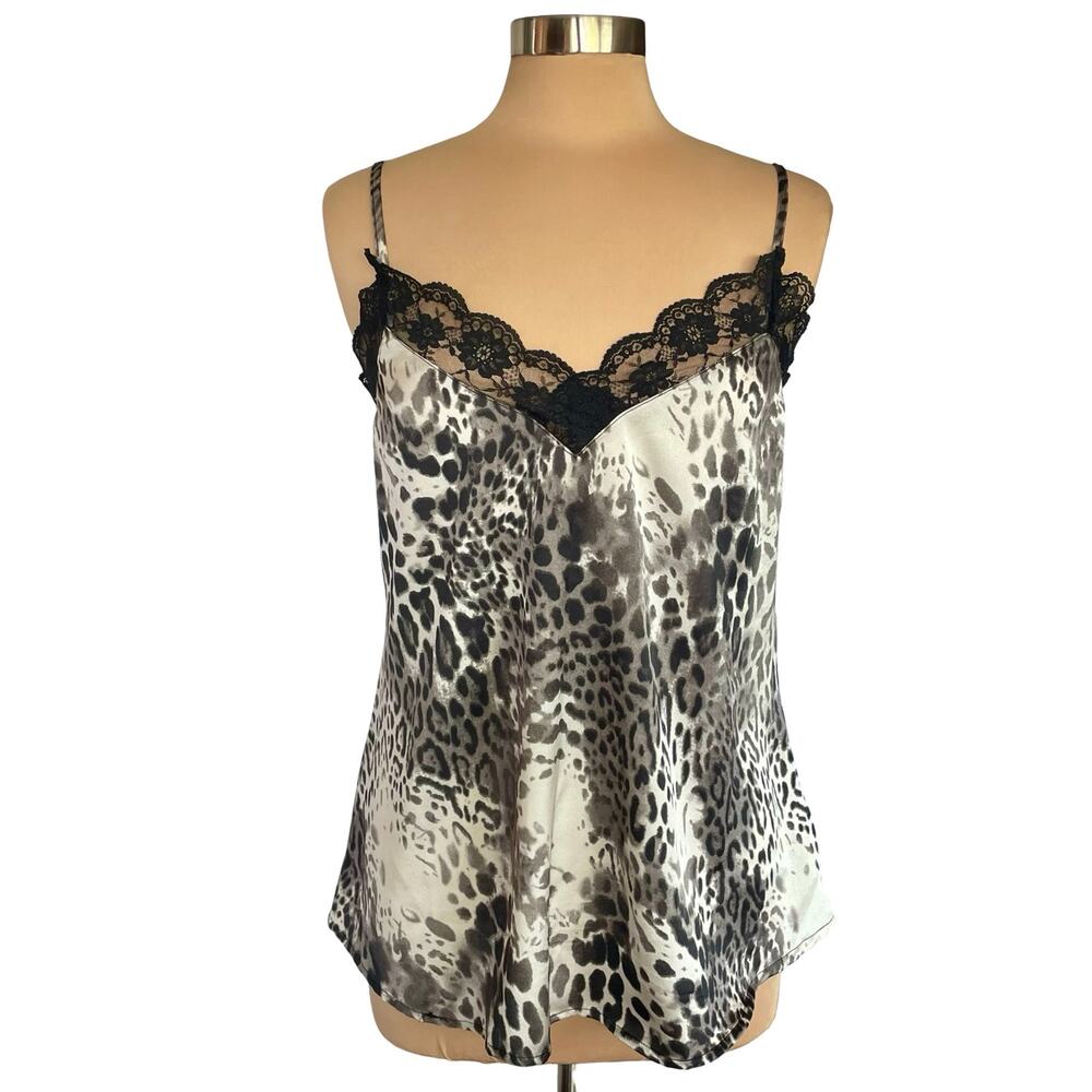 Davi‎ & Dani Black White Animal Print Satin Cami Tank SMALL Lace Trim Coquette